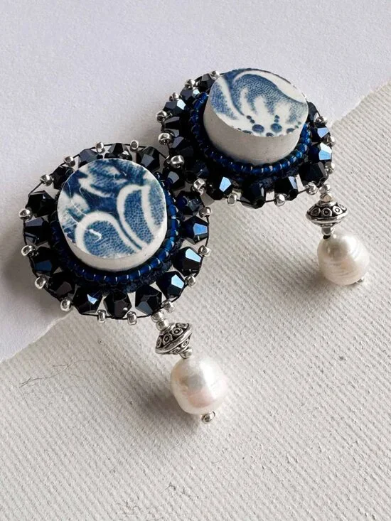 Upcycled Ceramic Pearl Dangle Earrings Blue Statement Studs - Picture 10 of 12